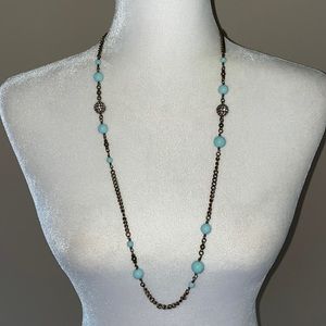 J Crew Antique Gold Long Necklace with Light Blue and Faux Diamond Beads